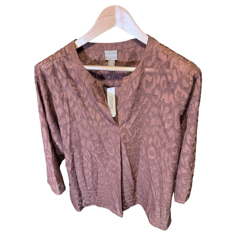 Chico's NWT Brown Dusty Pink Burnout Three Quarter Sleeve Tunic Style Top SZ L